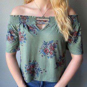 Francesca's Alya Green Floral Off Shoulder Summer Blouse